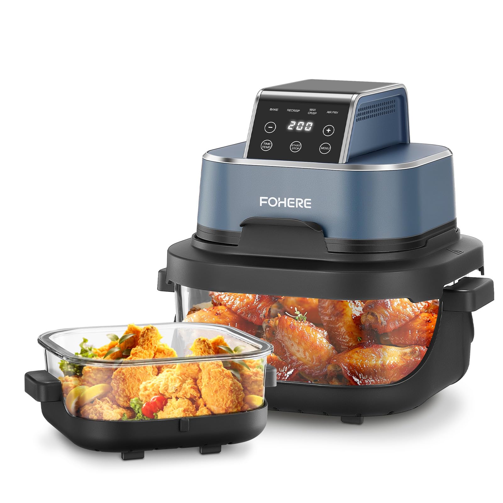 71xPrZLcGPL Friggitrice ad Aria FOHERE Portatile 4L+1,5L, 2 Contenitori in Vetro, 5 Programmi, Touch Screen Blu - immagine 1